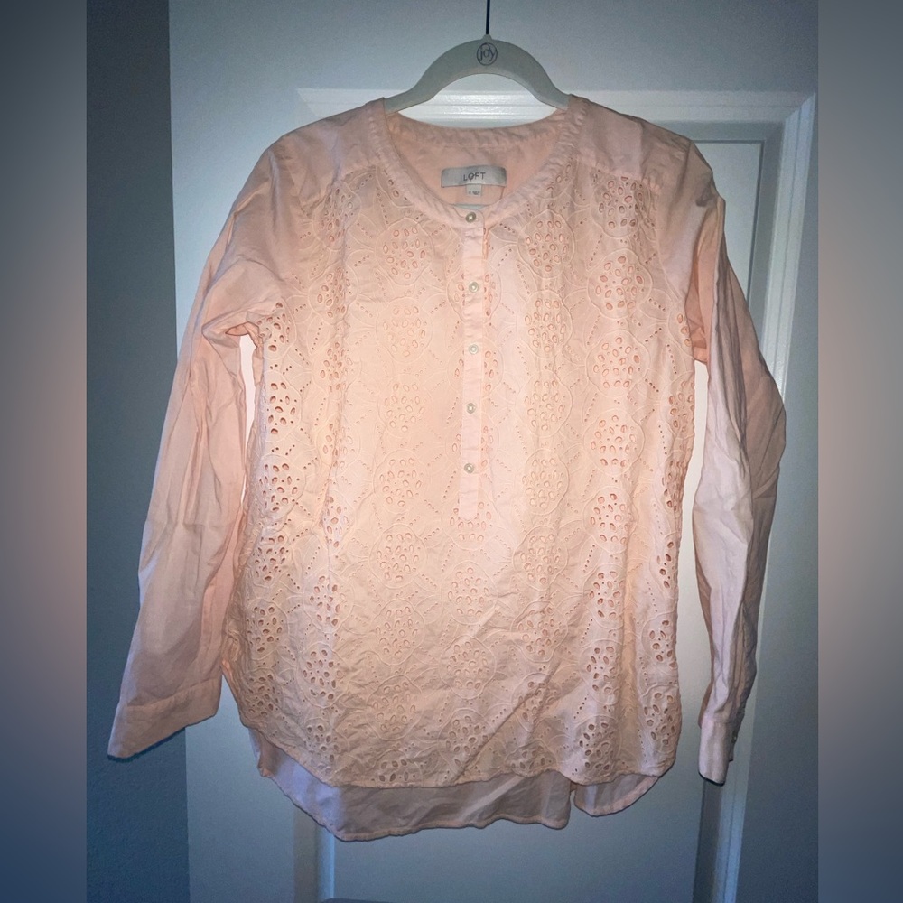 Loft long sleeves, button up, eyelet, light pink top!